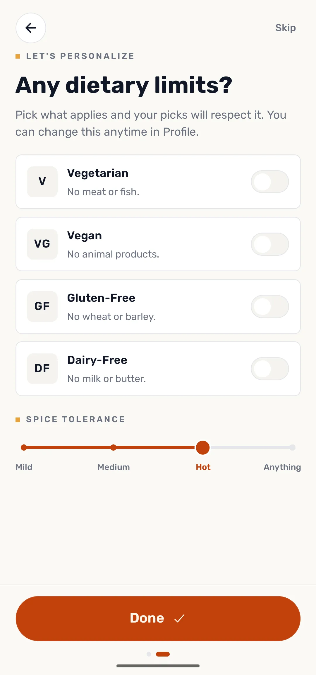 Dietary setup — vegetarian, vegan, gluten-free and dairy-free toggles with a spice tolerance slider.