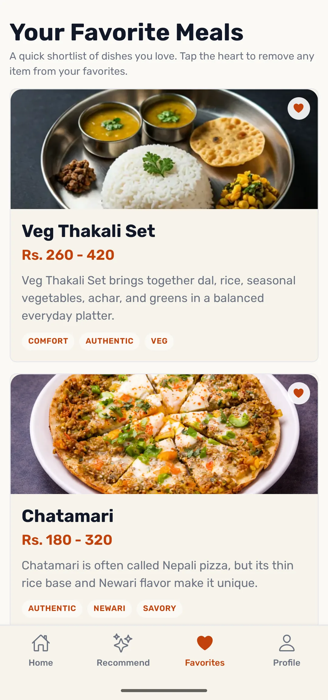 Your Favorite Meals — a saved shortlist of dishes with prices.