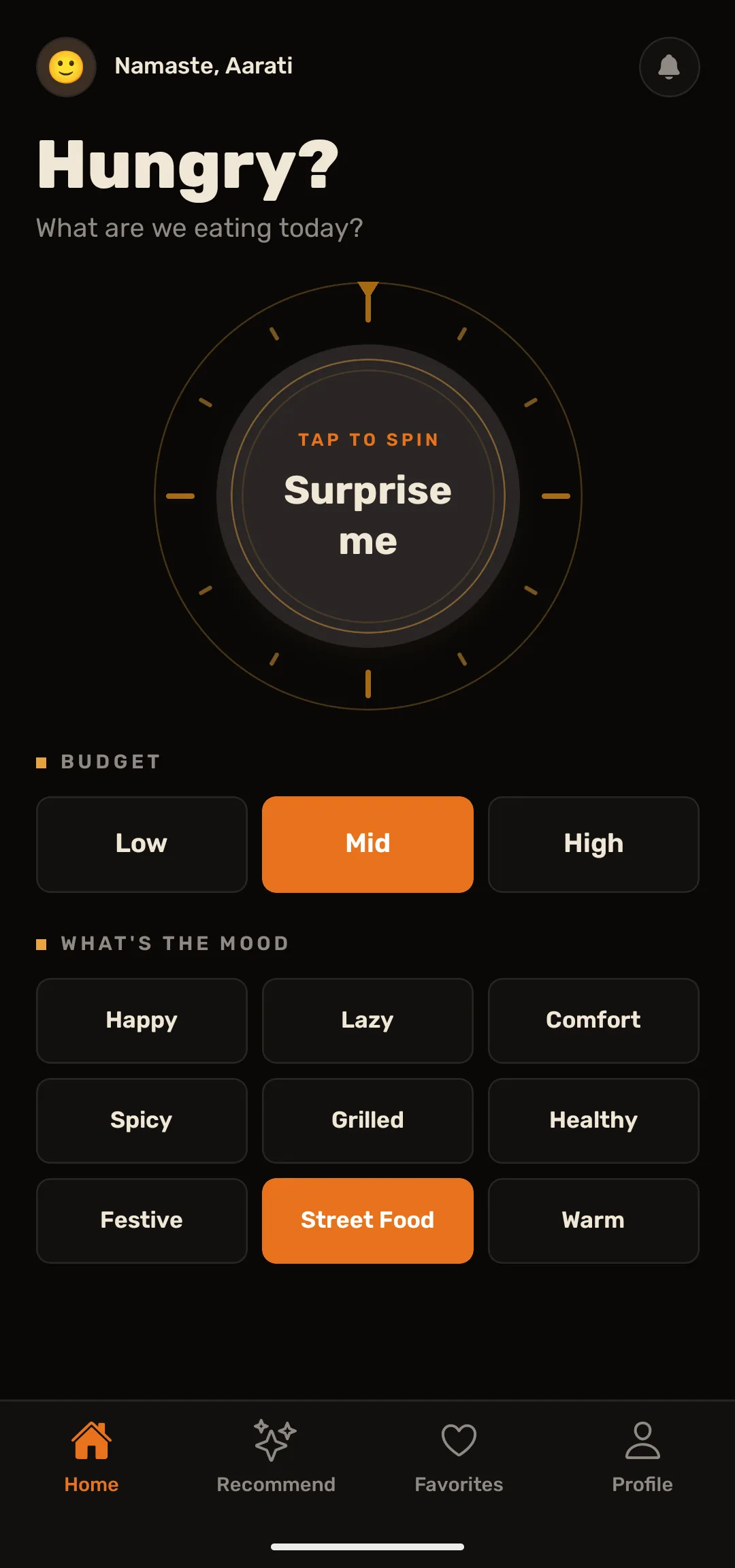 Mitho home screen in dark mode.
