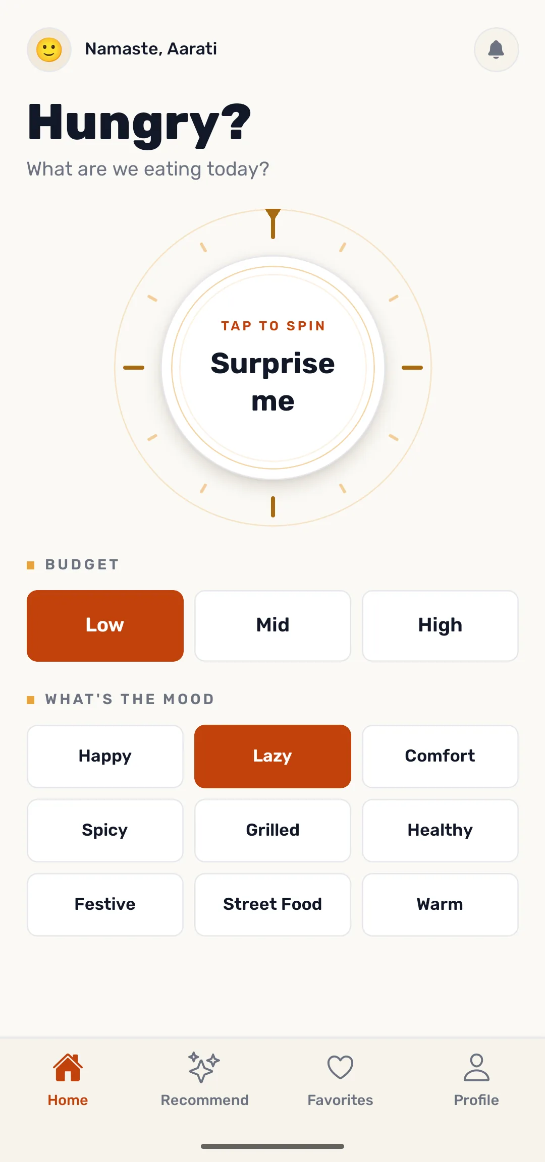 Mitho home screen — tap the dial to get a meal