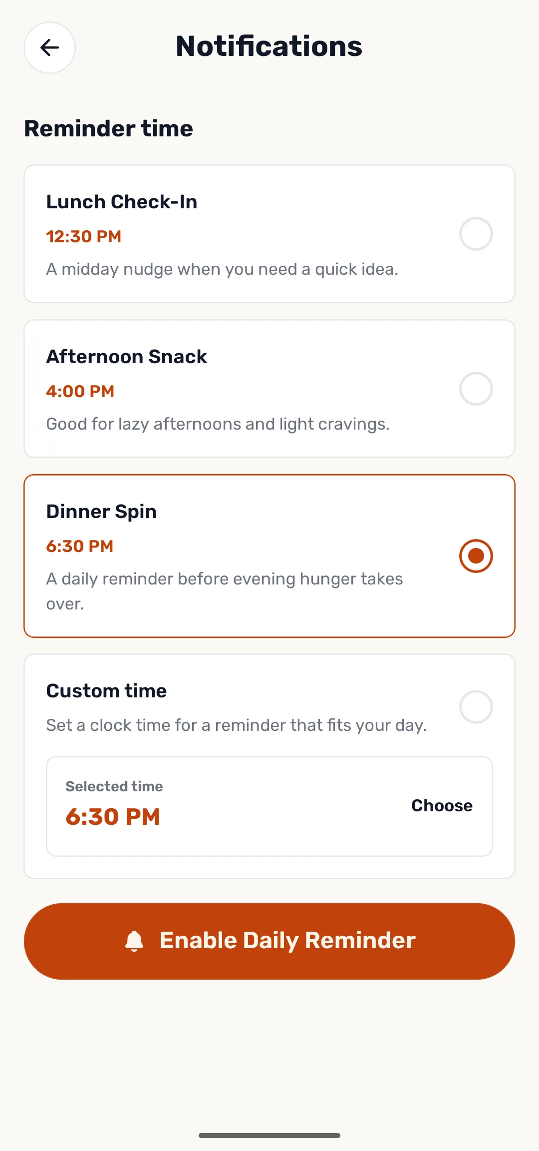 Notification settings — pick a lunch, snack, dinner or custom reminder time.