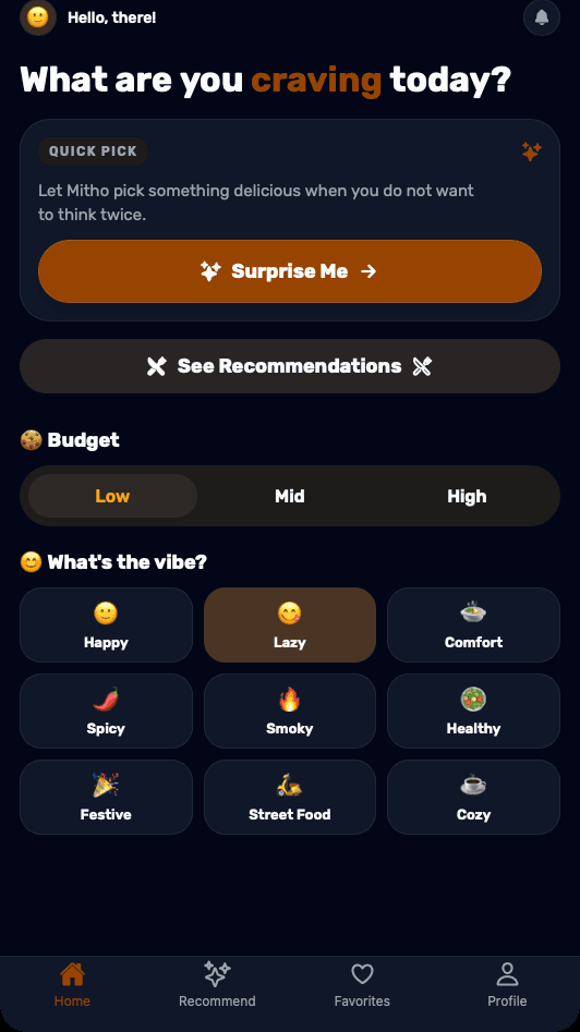 Mitho home screen — spin to get a meal